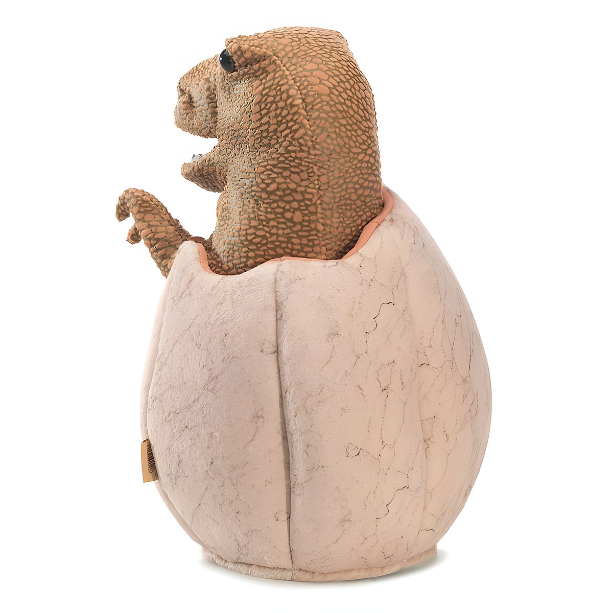 Folkmanis hand puppet dinosaur baby in egg, brown spotted dino hatchling peeking out of a beige plush egg, side view