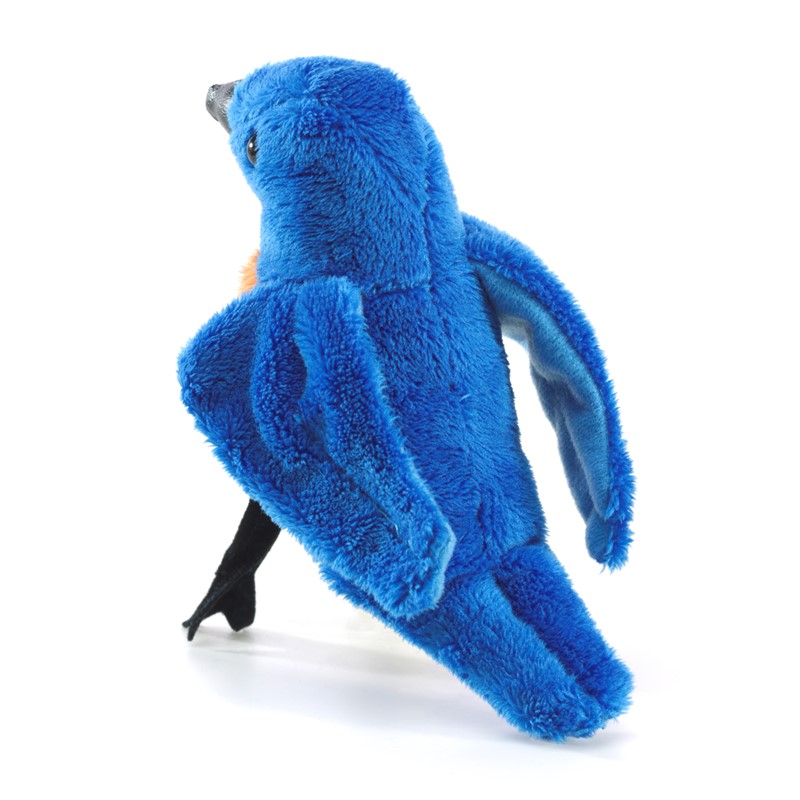 Folkmanis mini bluebird finger puppet in vivid blue with an orange breast, black beak and claws, side view