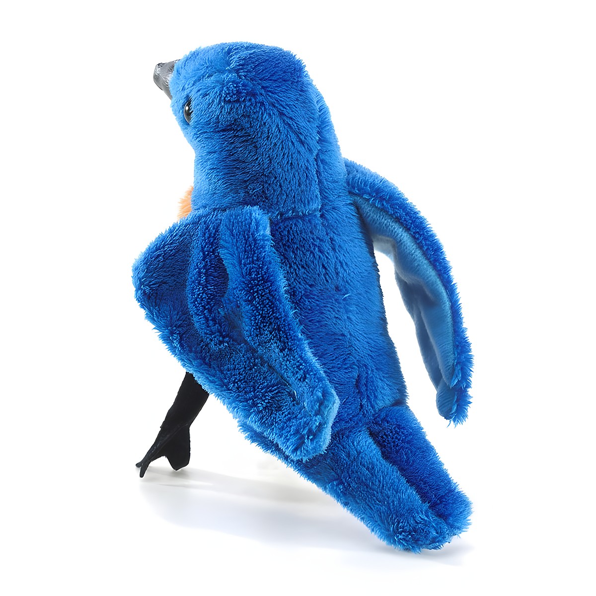 Folkmanis mini bluebird finger puppet in vivid blue with an orange breast, black beak and claws, side view