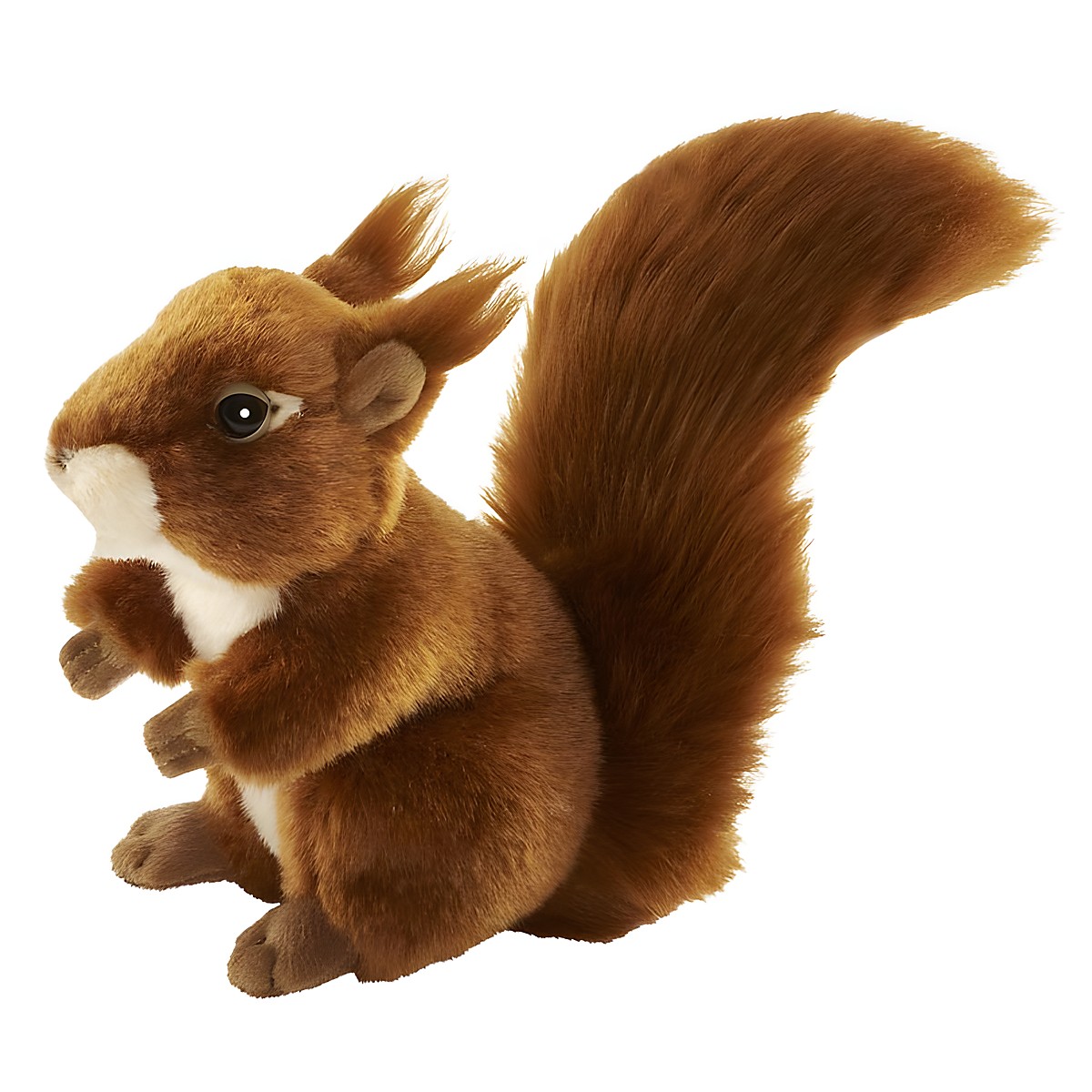 Squirrel plush toy by Anima in russet with a white chest, ear tufts and a large bushy tail