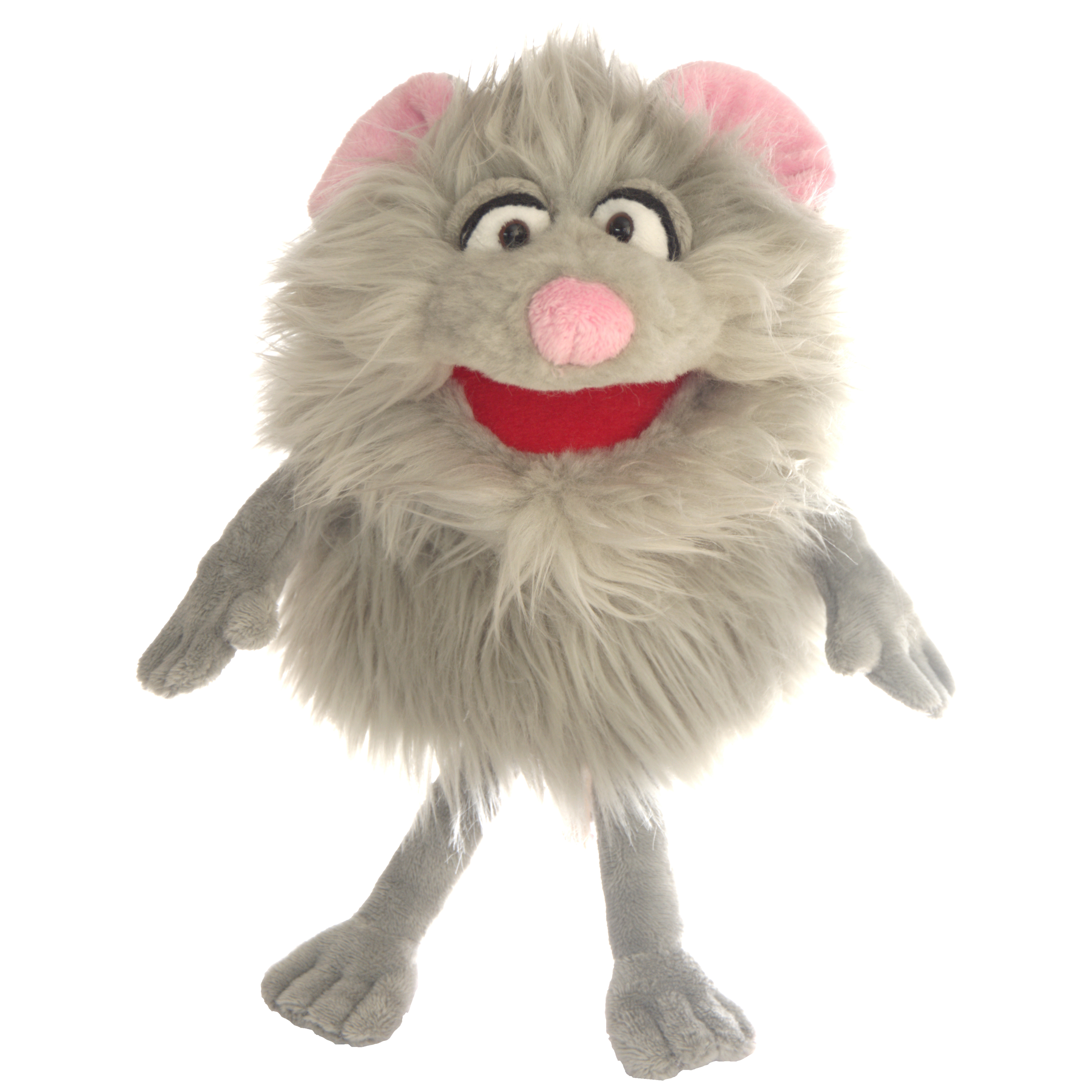 Living Puppets hand puppet Klein Tüddel, grey shaggy monster with pink ears, a pink nose and an open red mouth