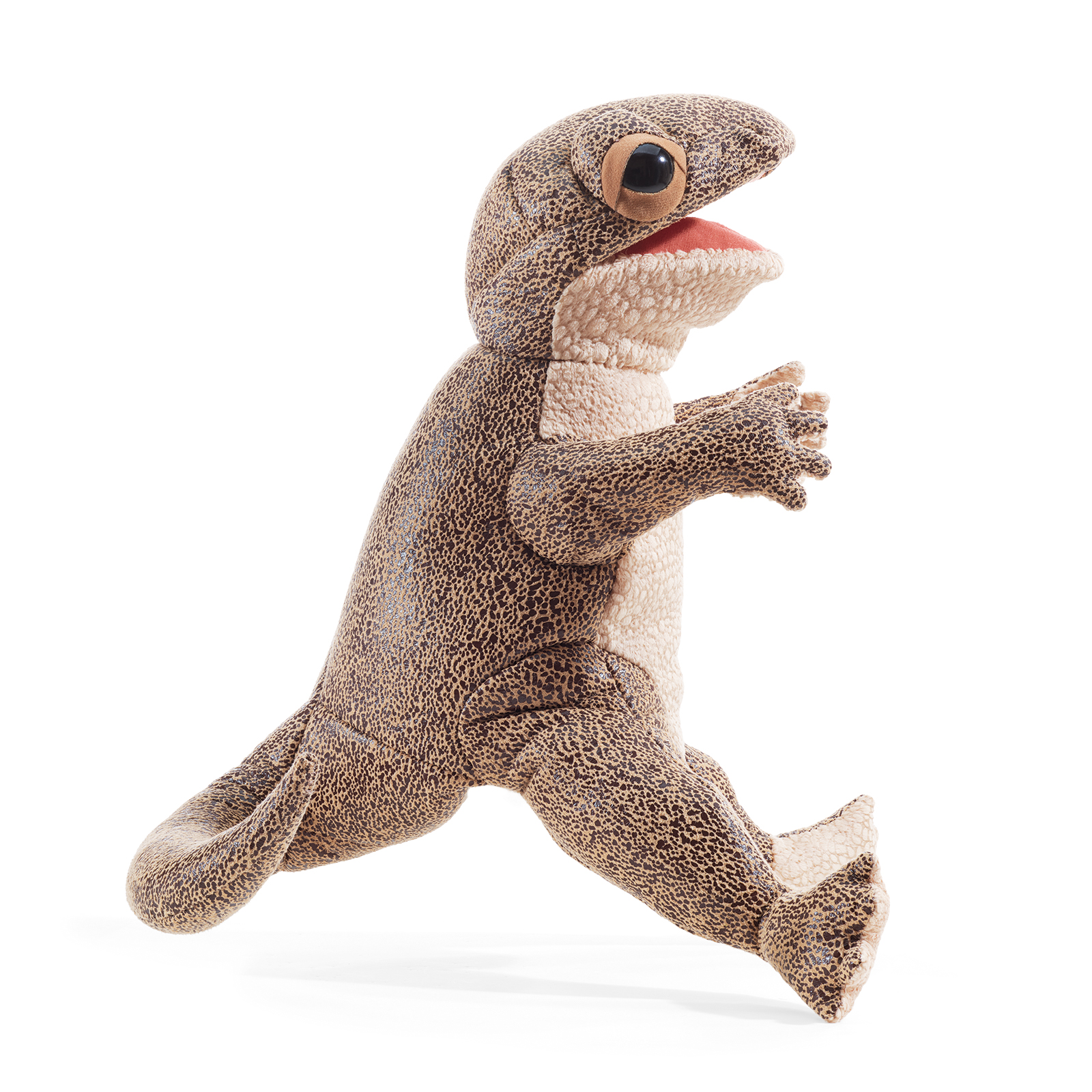 Folkmanis lizard hand puppet with open mouth, brown-speckled fur and light belly, shown in side view