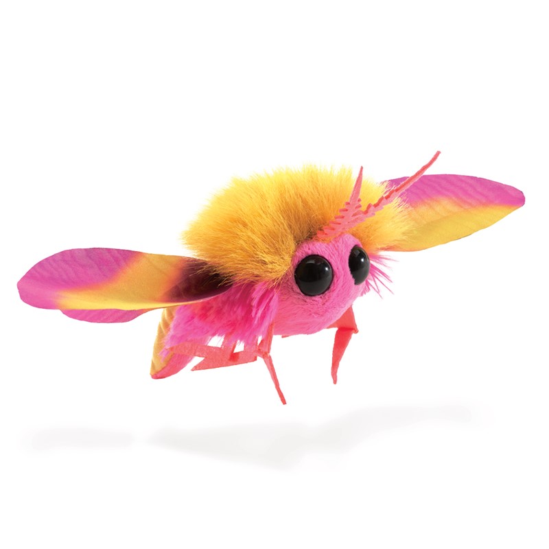 Folkmanis mini Rosy Maple Moth finger puppet in pink and yellow with spread wings and large glass eyes