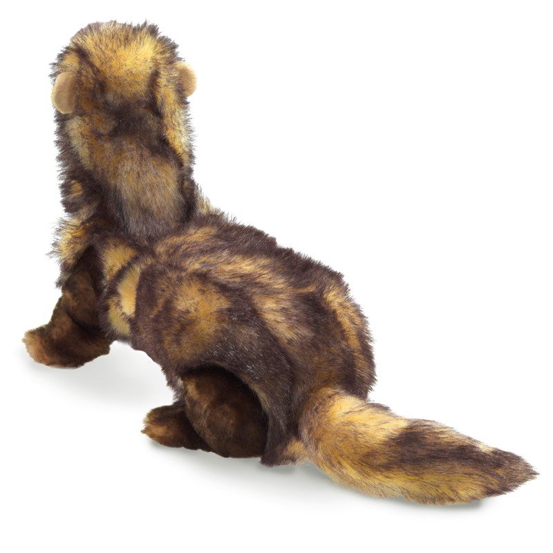 Folkmanis ferret hand puppet in brown and yellow, seen from behind, with a long body, bushy tail and open underside for hand control