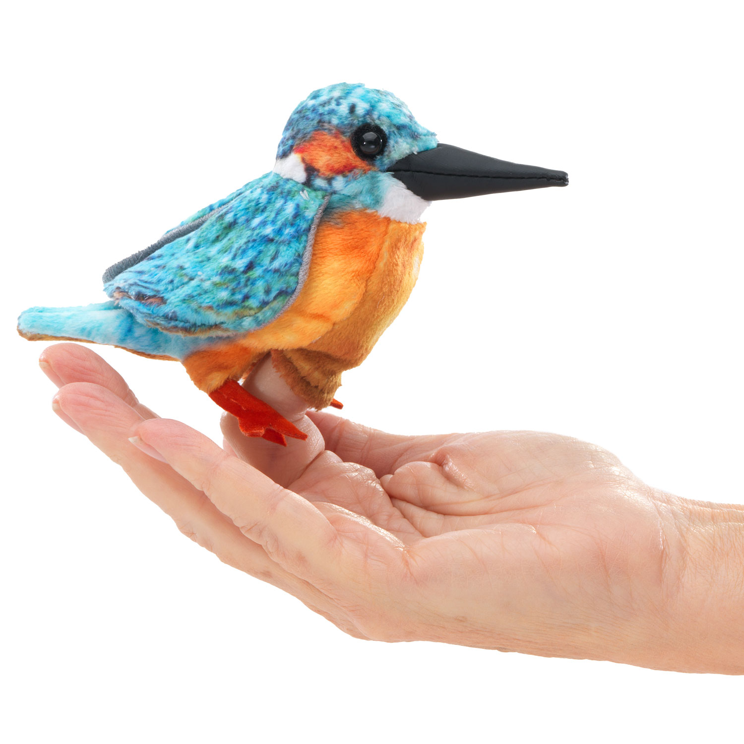 Folkmanis mini finger puppet common kingfisher with teal-blue plumage and orange chest sitting on a palm, side view