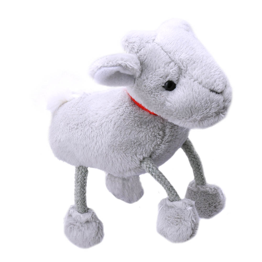 The Puppet Company finger puppet goat, white woolly figure with a red collar and long fabric legs