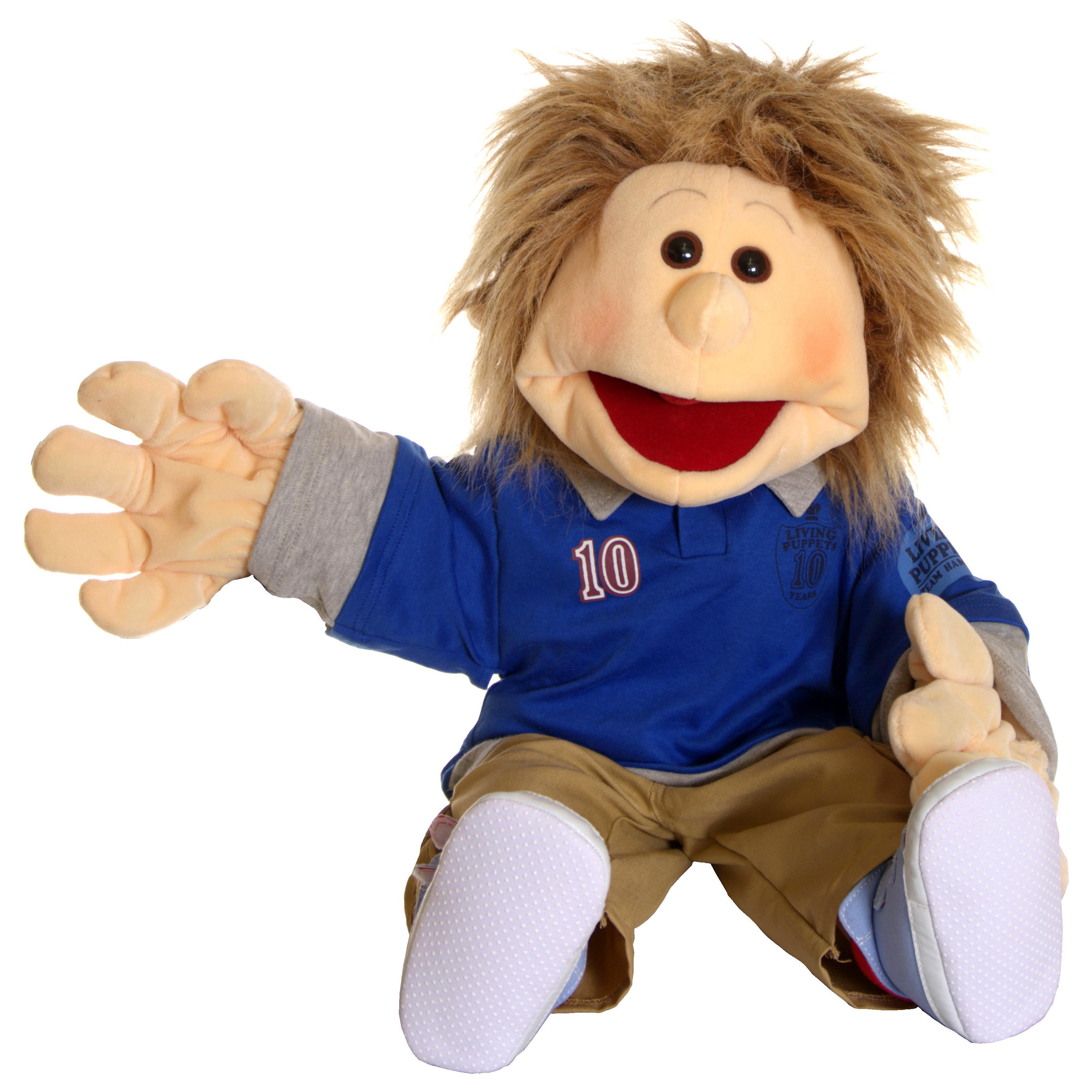 Living Puppets hand puppet Erik with blond tousled hair, blue jersey number 10 and light trousers