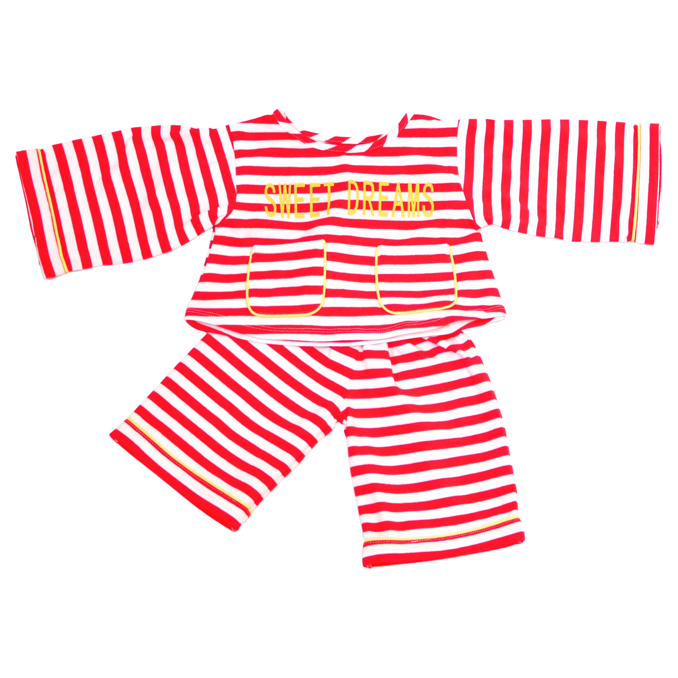 Living Puppets pyjamas for 65 cm hand puppets, red and white striped set with Sweet Dreams lettering and pockets