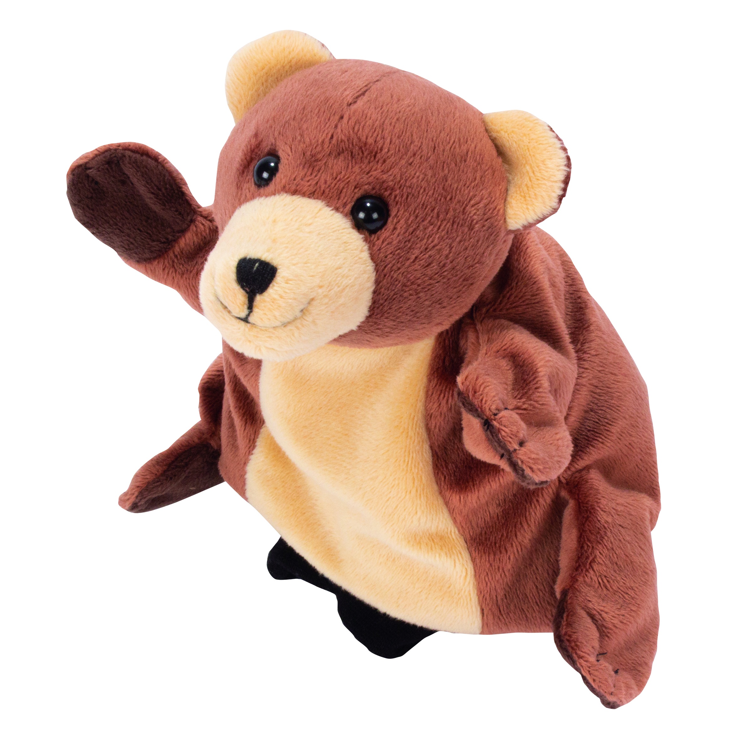 Beleduc hand puppet bear with brown fur, a light-coloured belly and a waving paw