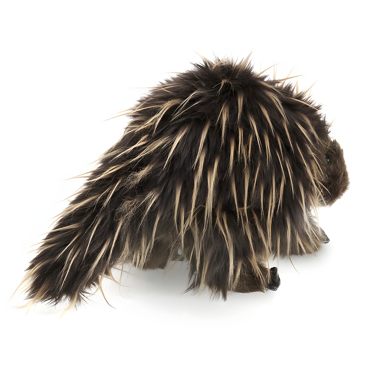 Folkmanis hand puppet porcupine with dark brown, cream-striped quill coat, side view on white background