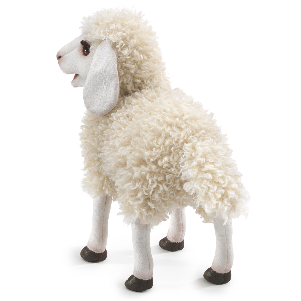 Folkmanis hand puppet woolly sheep with curly cream-coloured fur, white face and dark hooves, side view