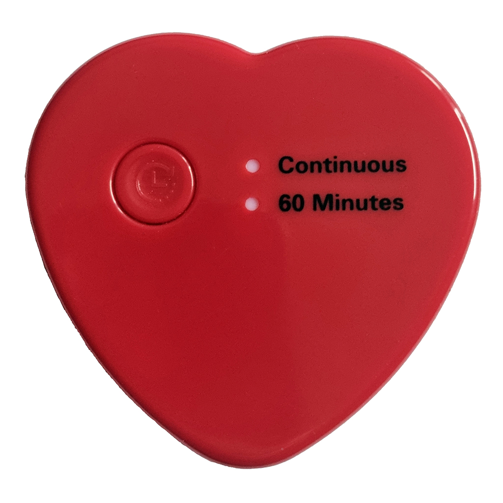 Heartbeat simulator by Joyk in heart shape, red with mode display for continuous or 60-minute operation