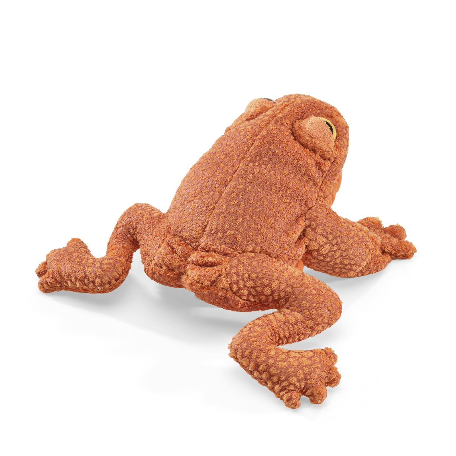 Folkmanis mini toad finger puppet in rust brown with textured plush and golden eyes, seen from a diagonal overhead view