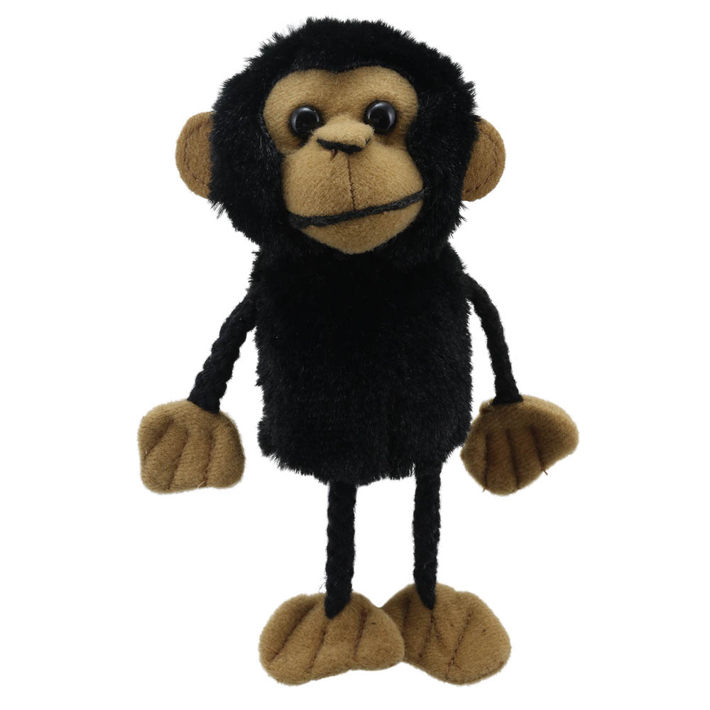 The Puppet Company finger puppet chimpanzee, black puppet with a beige face and long fabric legs