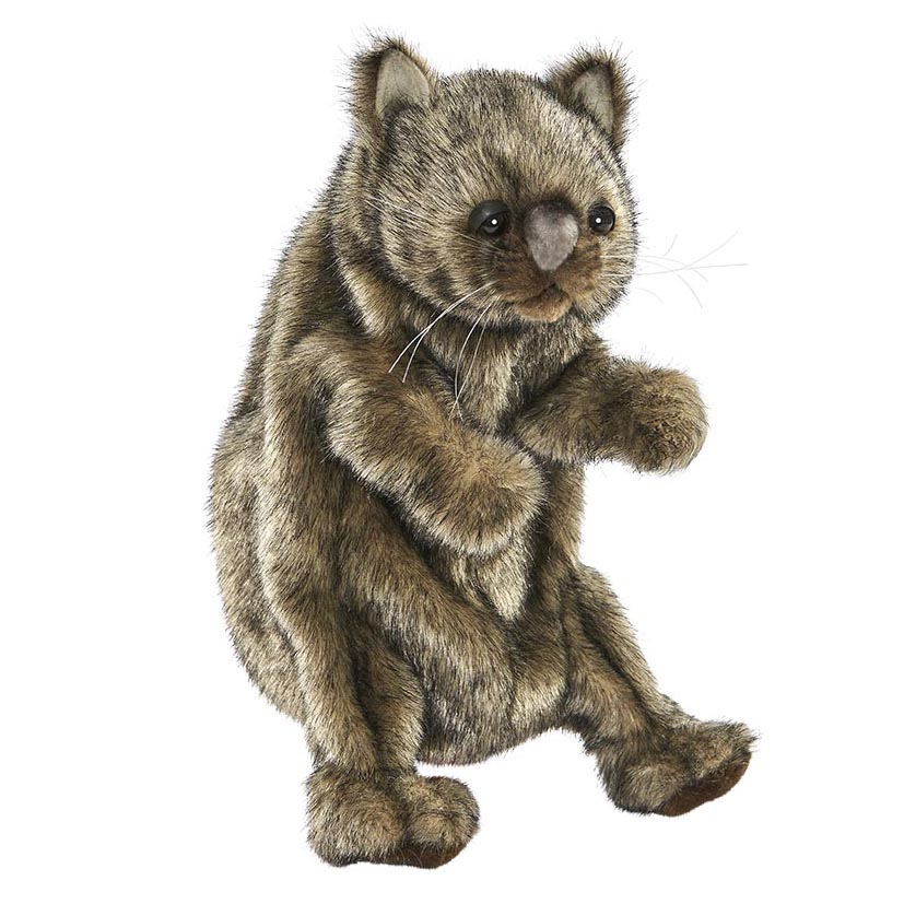 Wombat hand puppet by Hansa Creation with dense grey-brown fur and a dark nose, sitting