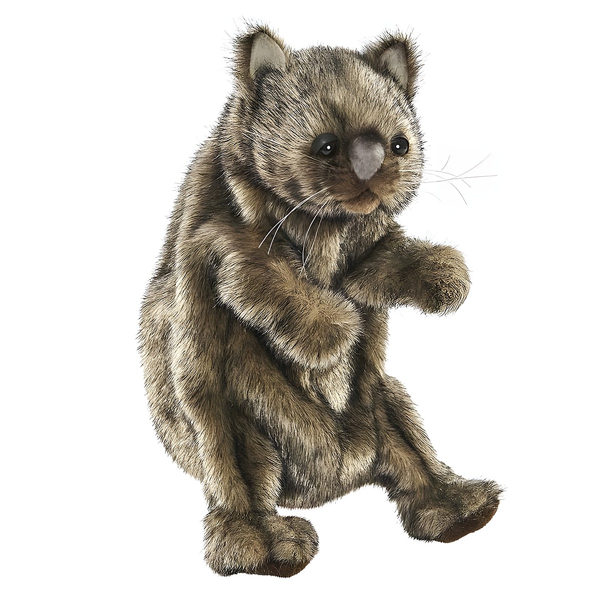 Wombat hand puppet by Hansa Creation with dense grey-brown fur and a dark nose, sitting