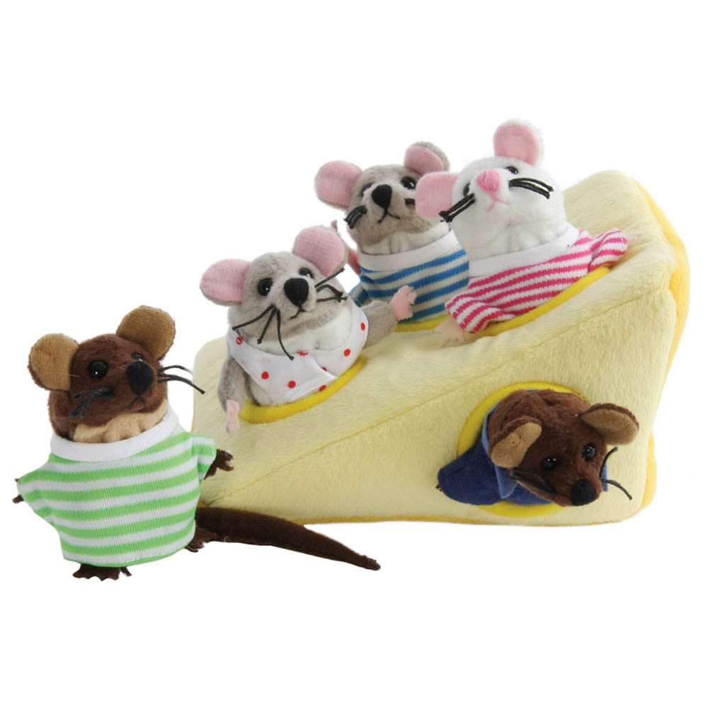 The Puppet Company finger puppet set Mouse Family in Cheese, side view with all four mouse finger puppets on the cheese piece