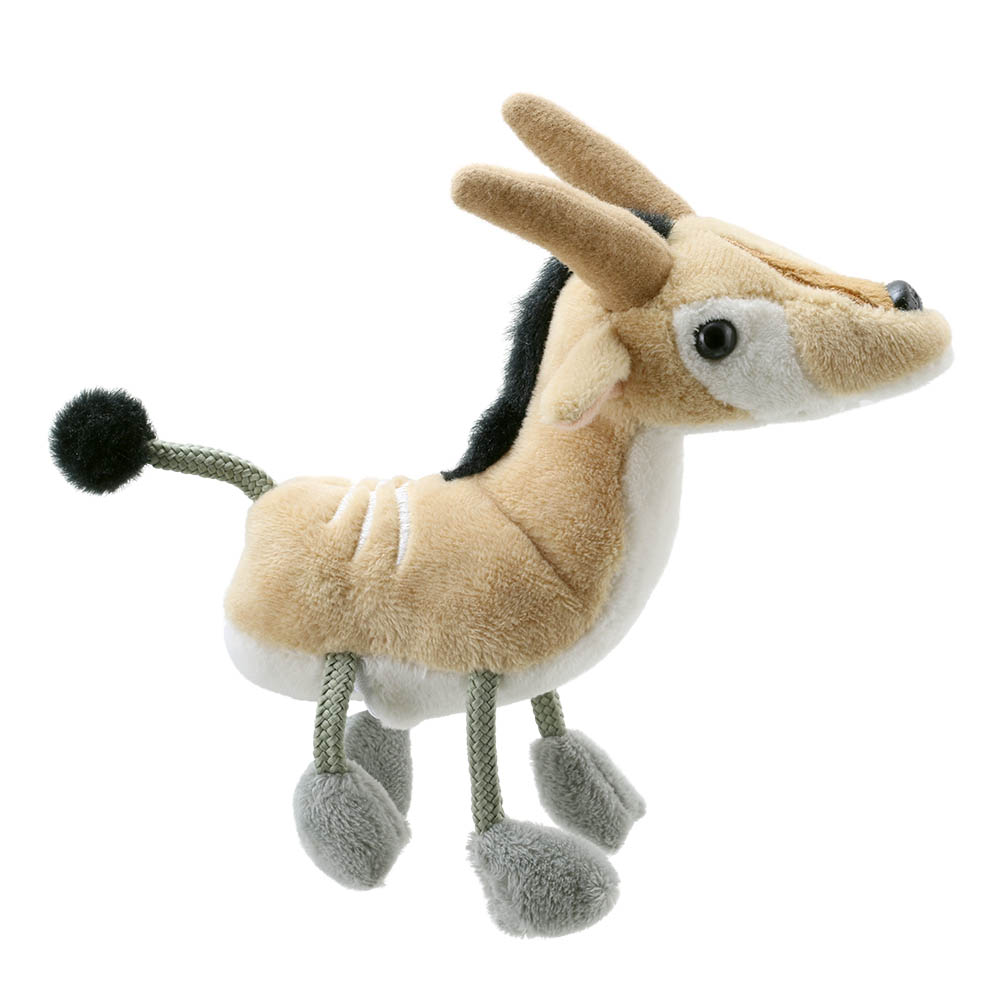 The Puppet Company finger puppet antelope, beige and white finger puppet with horns, slightly angled view