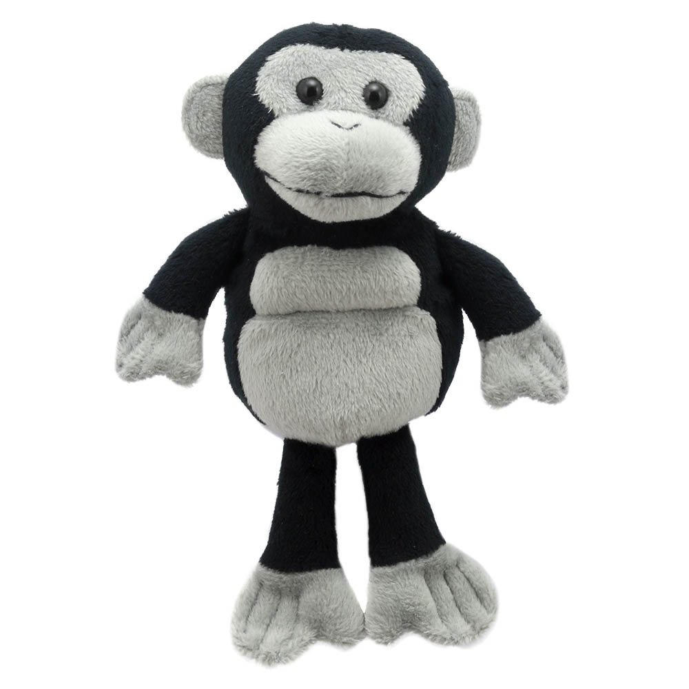 The Puppet Company finger puppet gorilla, black puppet with a grey belly and long fabric legs