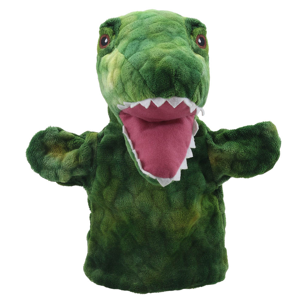 The Puppet Company T-Rex dinosaur hand puppet, green dinosaur with an open mouth, white teeth and pink throat