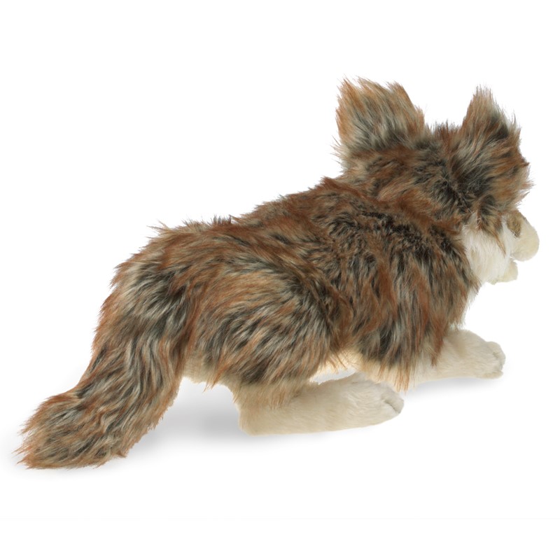 Folkmanis hand puppet grey wolf with brown-grey melange long fur and bushy tail, side view