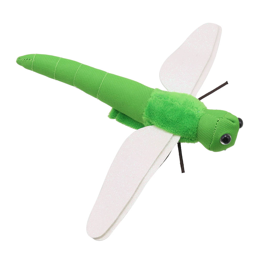The Puppet Company finger puppet dragonfly, green body with white wings and black eyes, top view