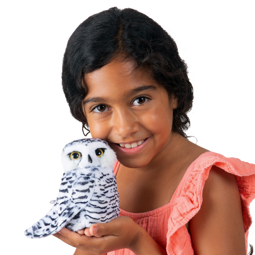 Girl holding the Folkmanis small snowy owl hand puppet with white-and-black patterned plumage and yellow eyes in her hands