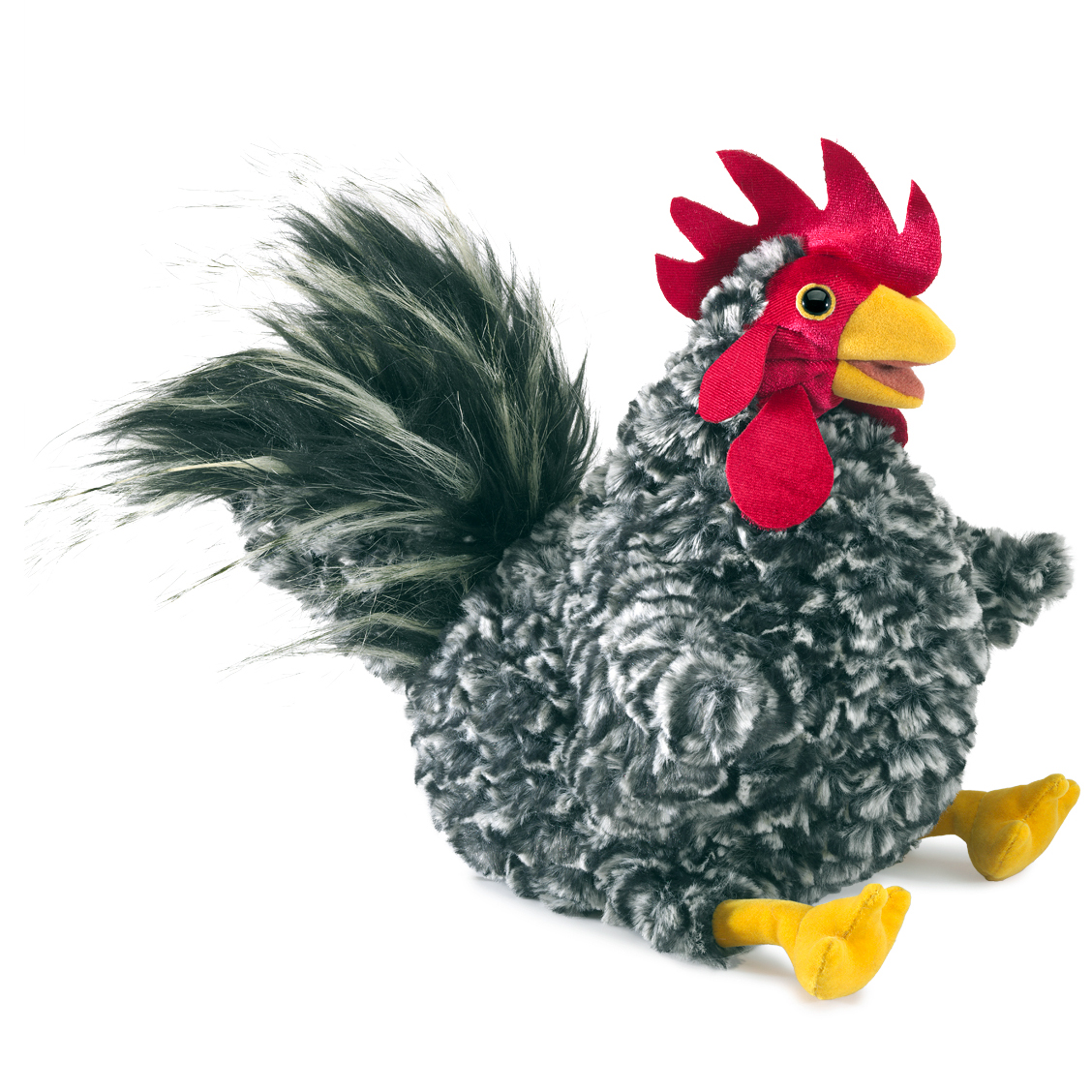Folkmanis hand puppet rooster with grey-white curly plush, red comb and wattles, and yellow feet, side view