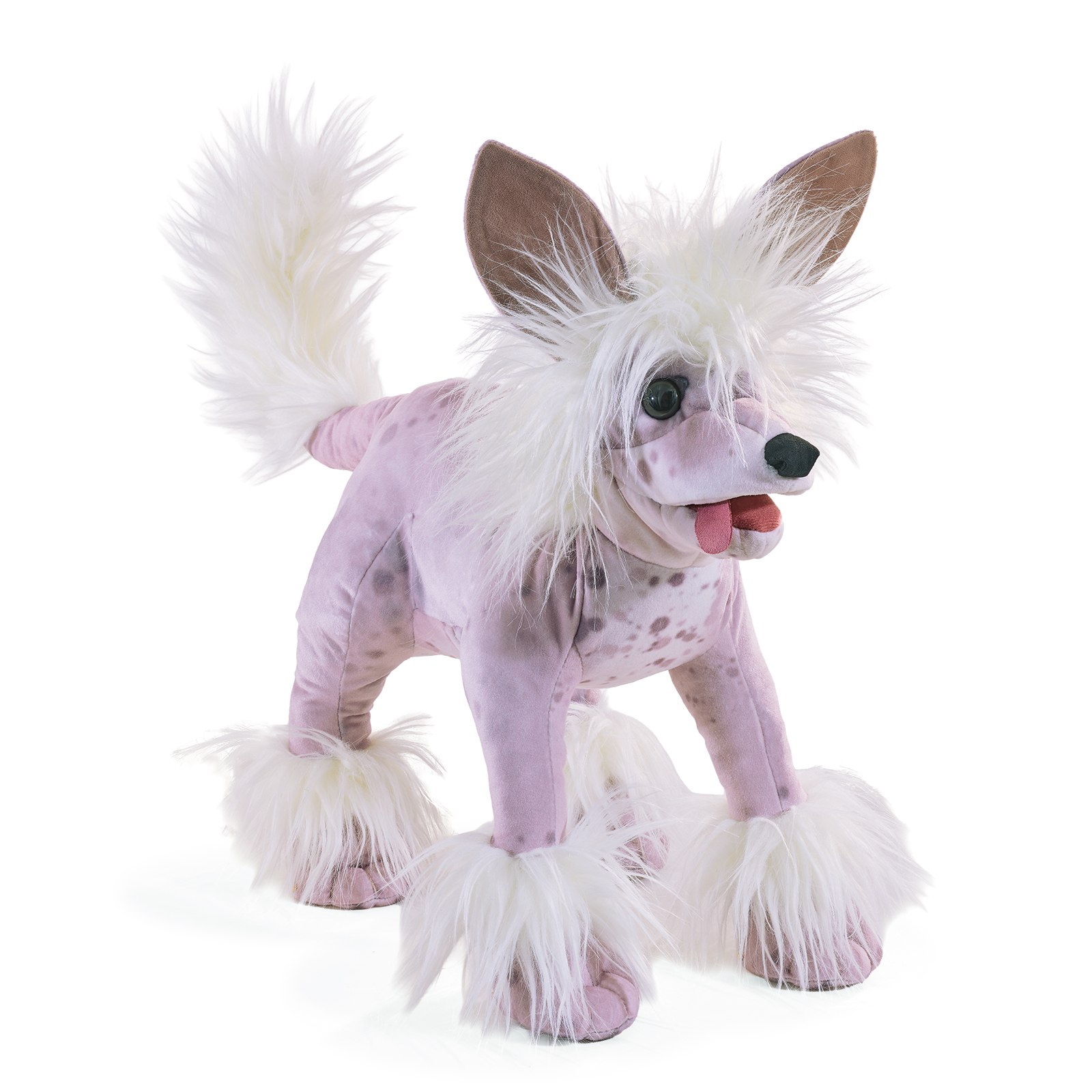 Folkmanis hand puppet Chinese Crested Dog with a pink spotted body, white fluffy crest, and tongue sticking out