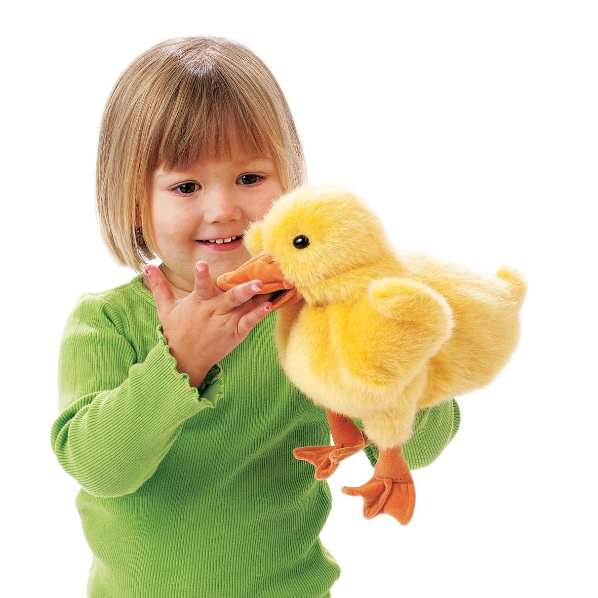 Young girl wearing a yellow Folkmanis duckling hand puppet with a movable beak, side view on a white background