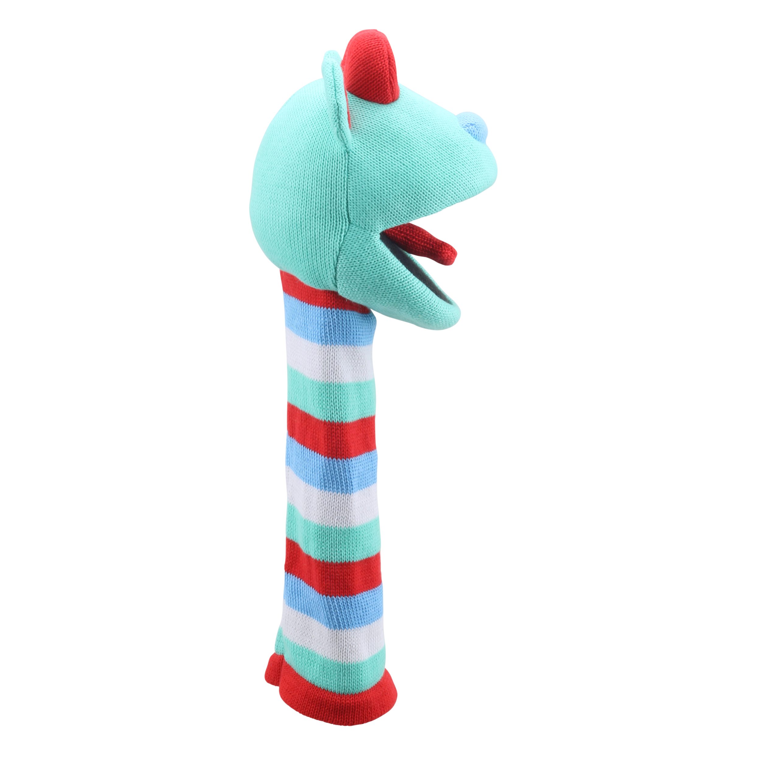 Puppet Company Hope monster sock puppet in profile facing right, open mouth and red trim at the bottom edge of the body
