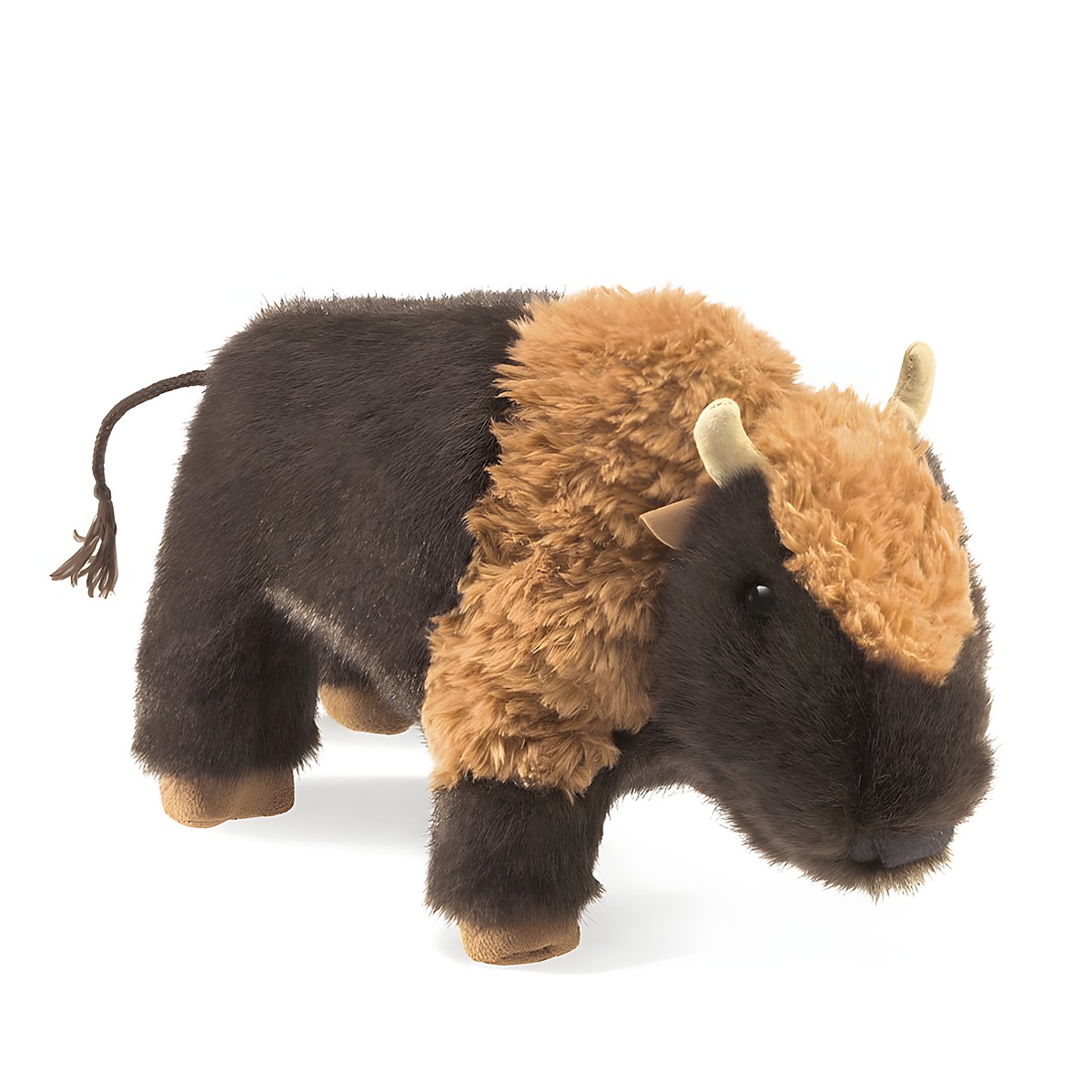 Folkmanis small bison hand puppet in side view, dark brown fur with light brown hump and braided tail tassel