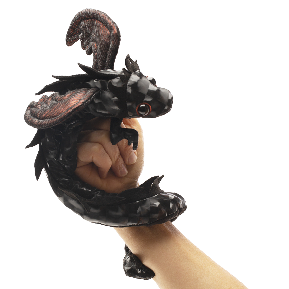 Folkmanis black dragon wristlet puppet with red eyes and textured wings, wrapped around a wrist