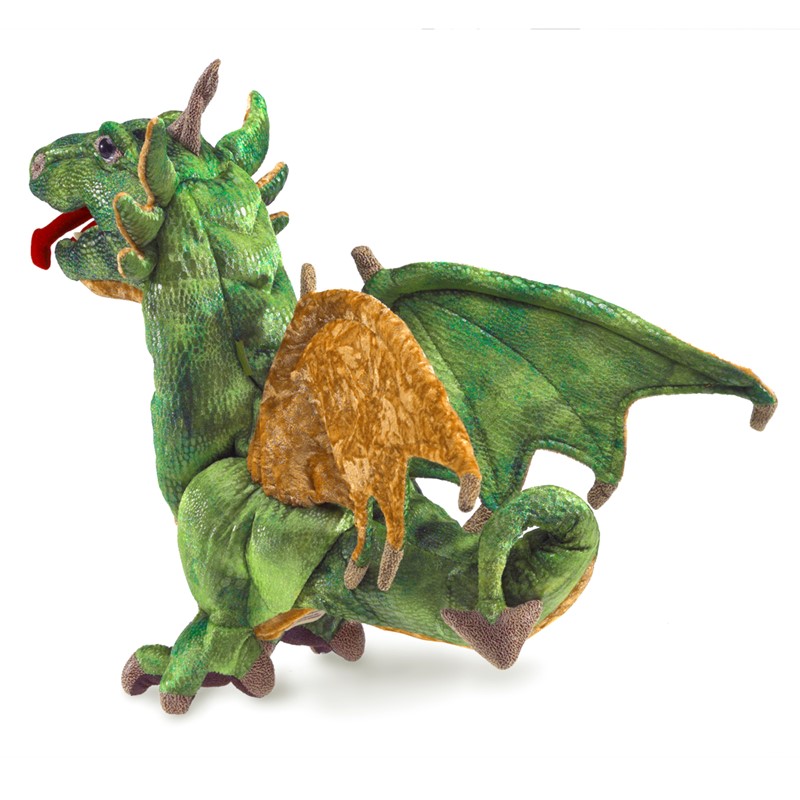 Folkmanis hand puppet wyvern dragon in green with golden wings, red horns and outstretched tongue, side view