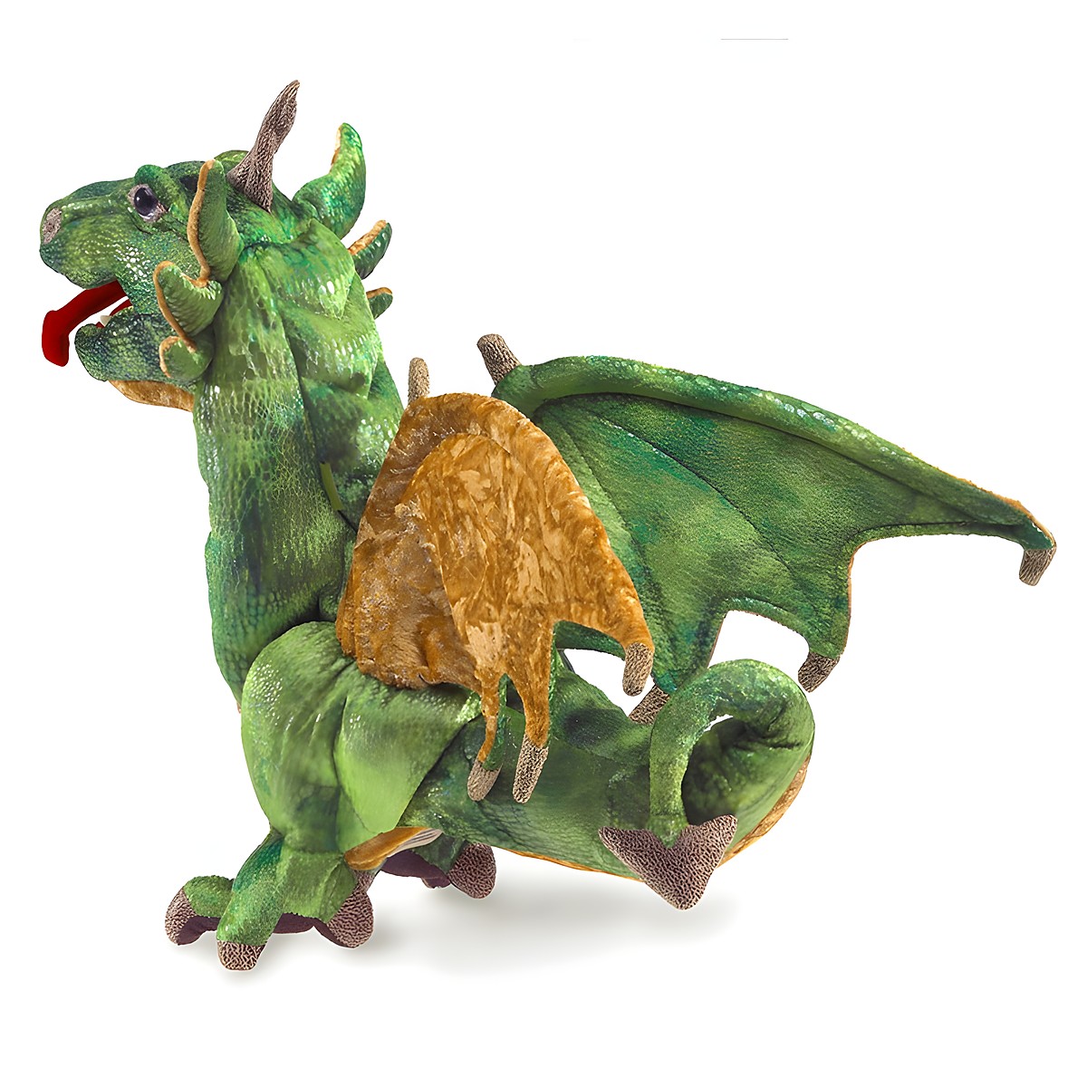 Folkmanis hand puppet wyvern dragon in green with golden wings, red horns and outstretched tongue, side view