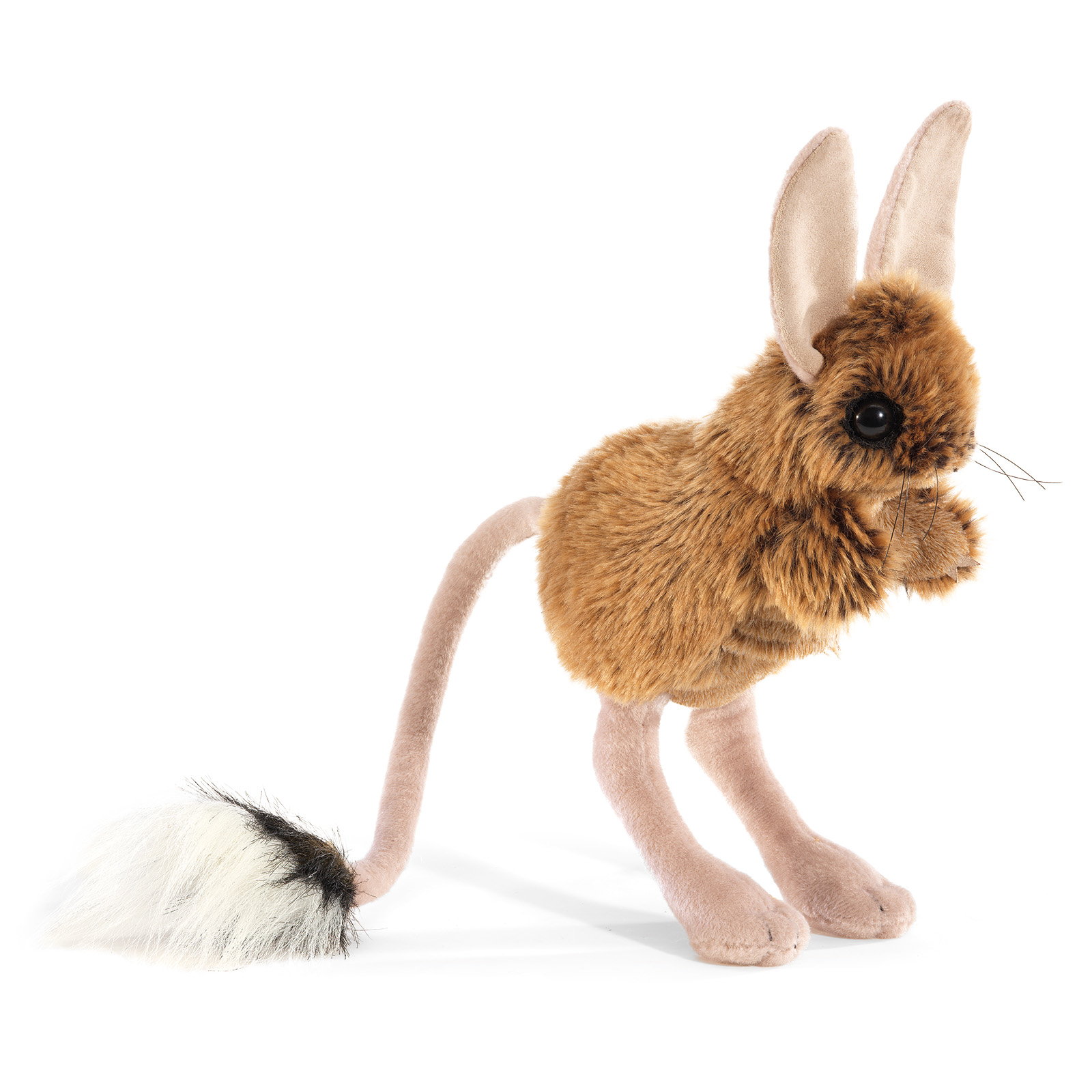 Folkmanis jerboa hand puppet with brown fur, long pink hind legs and a black-and-white tail, side view