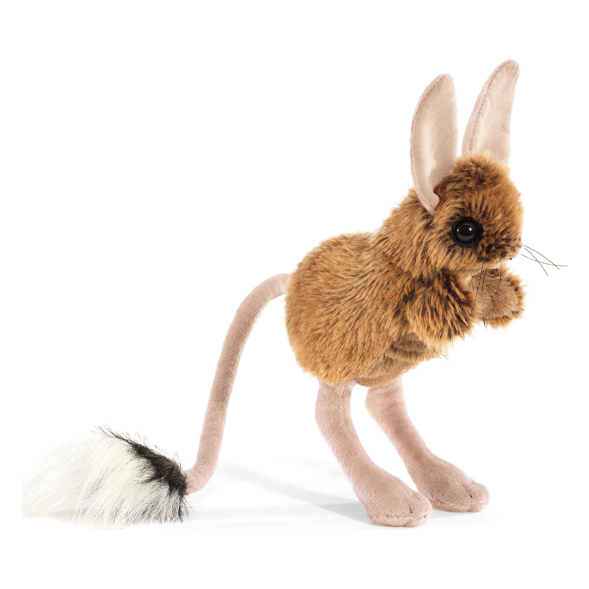 Folkmanis jerboa hand puppet with brown fur, long pink hind legs and a black-and-white tail, side view