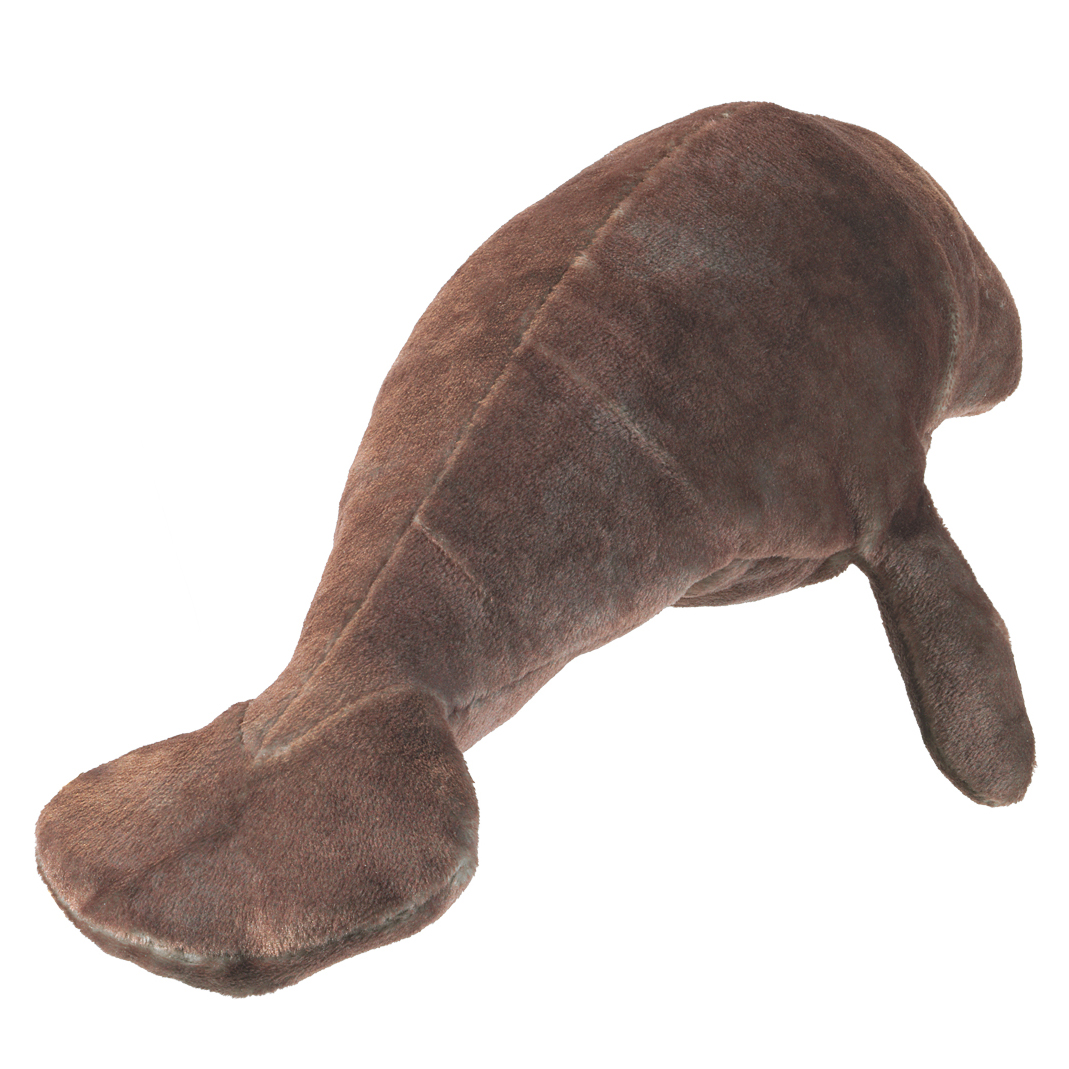 Folkmanis mini manatee finger puppet in brown plush, side view showing flippers and tail fluke