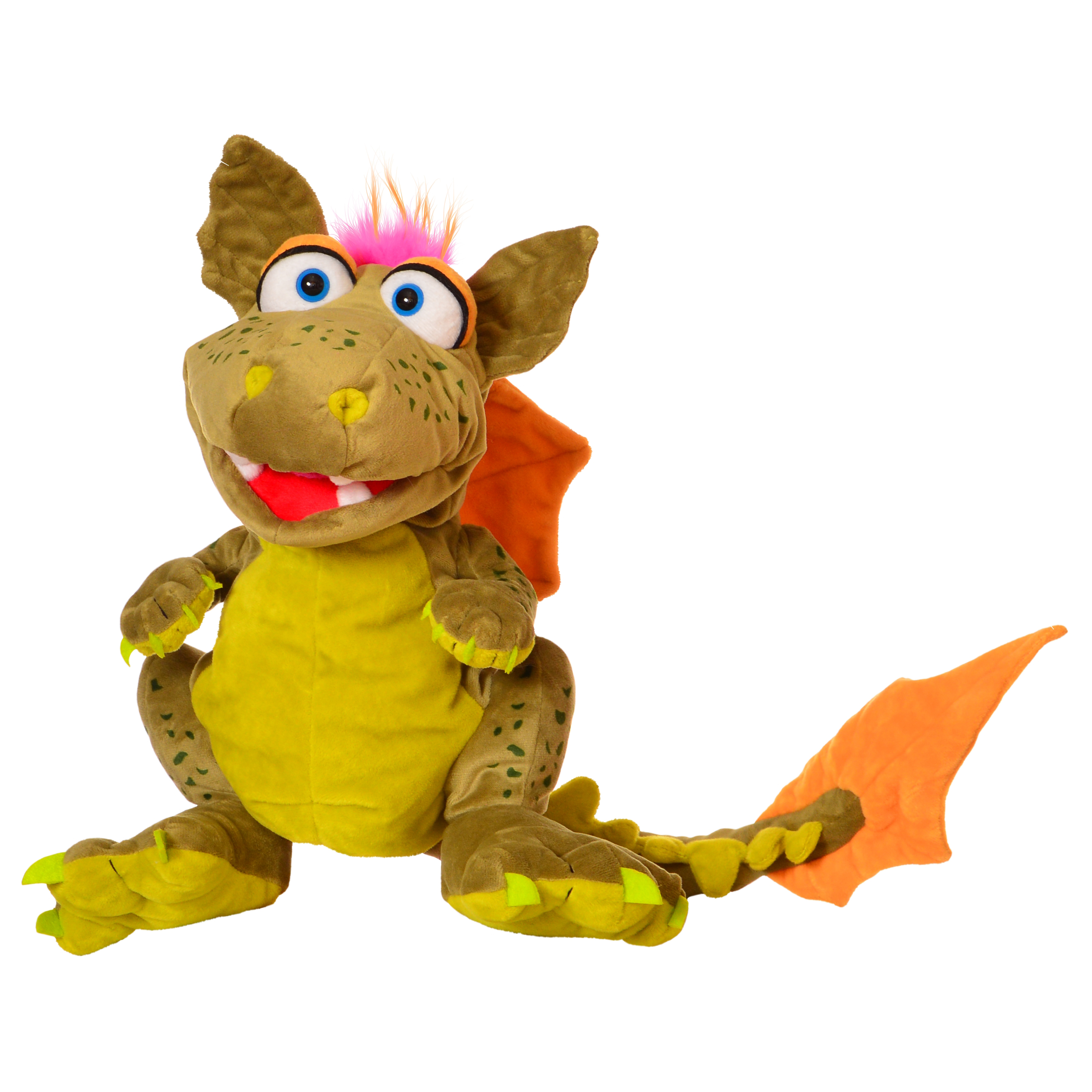 Living Puppets hand puppet Rocco the dragon with olive green fur, a pink crest, orange wings and an open mouth, sitting, front view
