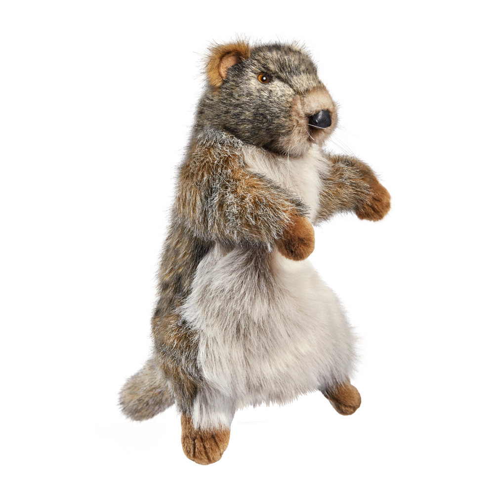 Upright standing marmot hand puppet by Hansa Creation with mottled grey-brown fur and a light belly
