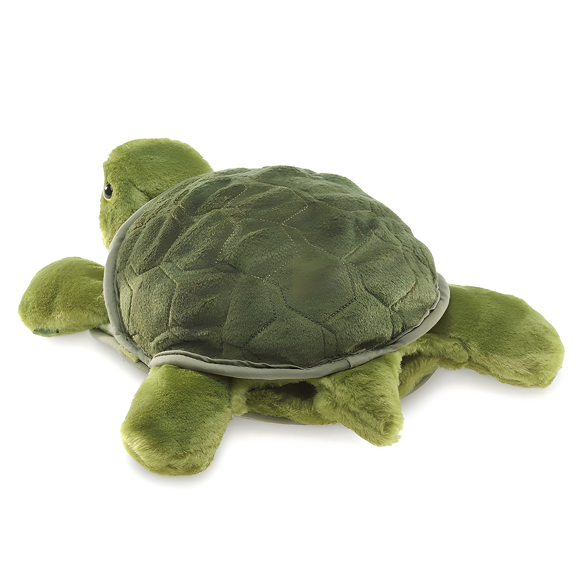 Green Folkmanis turtle hand puppet with textured shell and soft flippers, seen from the side.