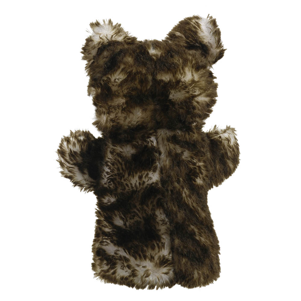 The Puppet Company baby hand puppet wolf, grey-brown wolf with mottled fur, back view