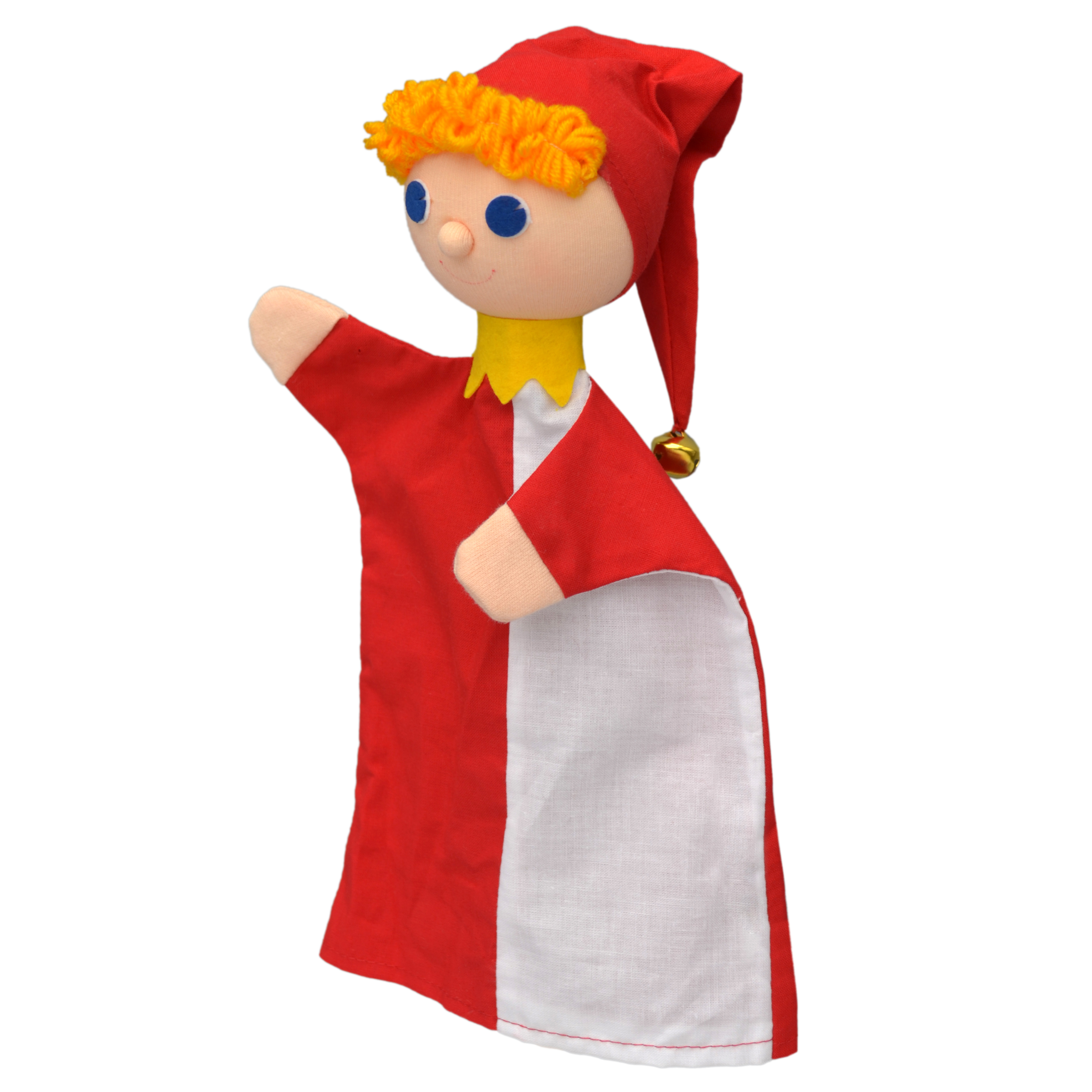 Punch and Judy puppet Punch Vilda by munabo with a red gown, yellow collar and red jester hat with bell