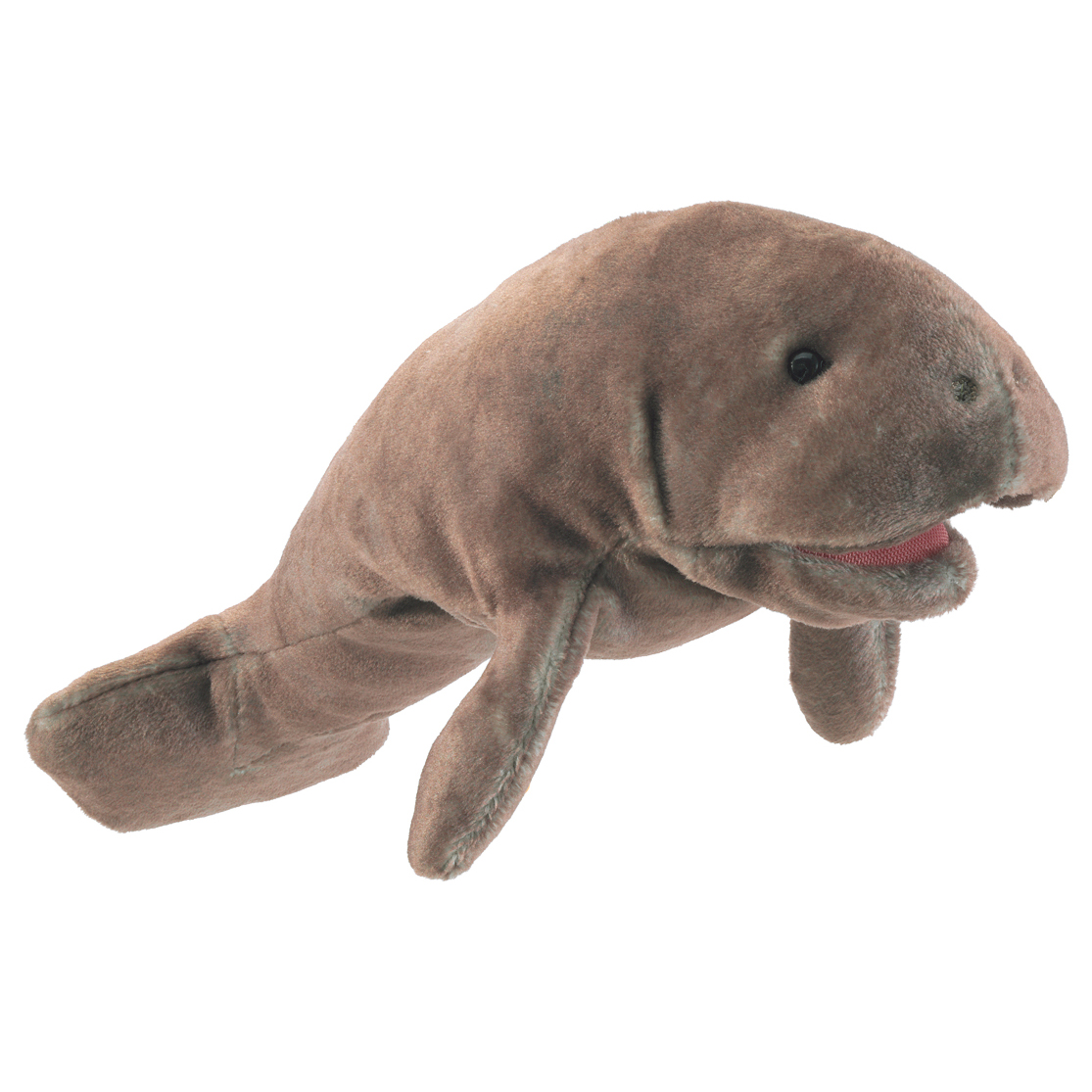 Folkmanis mini manatee finger puppet in grey-brown plush with a red mouth opening, shown at an angle