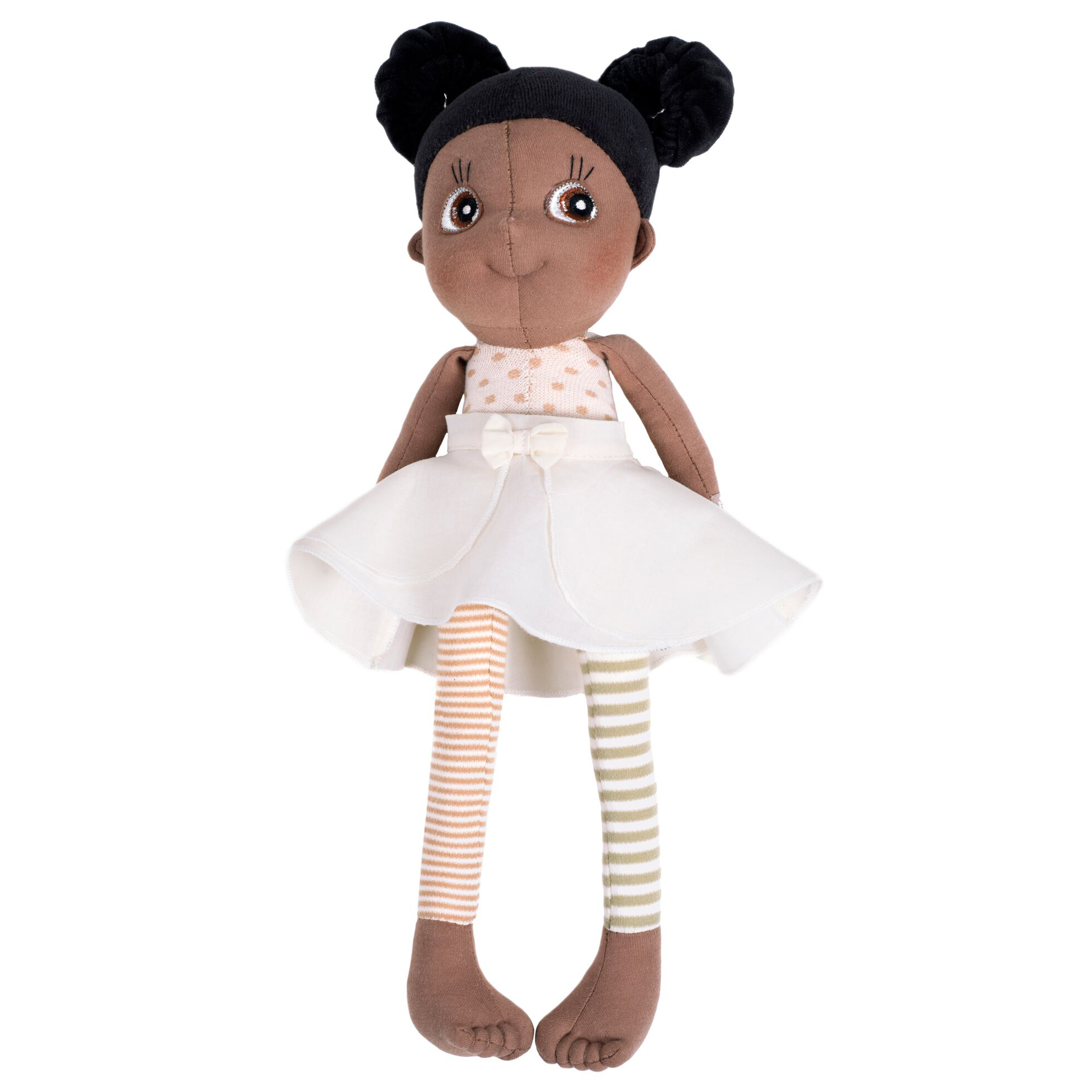 Rubens EcoBuds doll Poppy with dark hair buns, dotted top and white skirt with bow