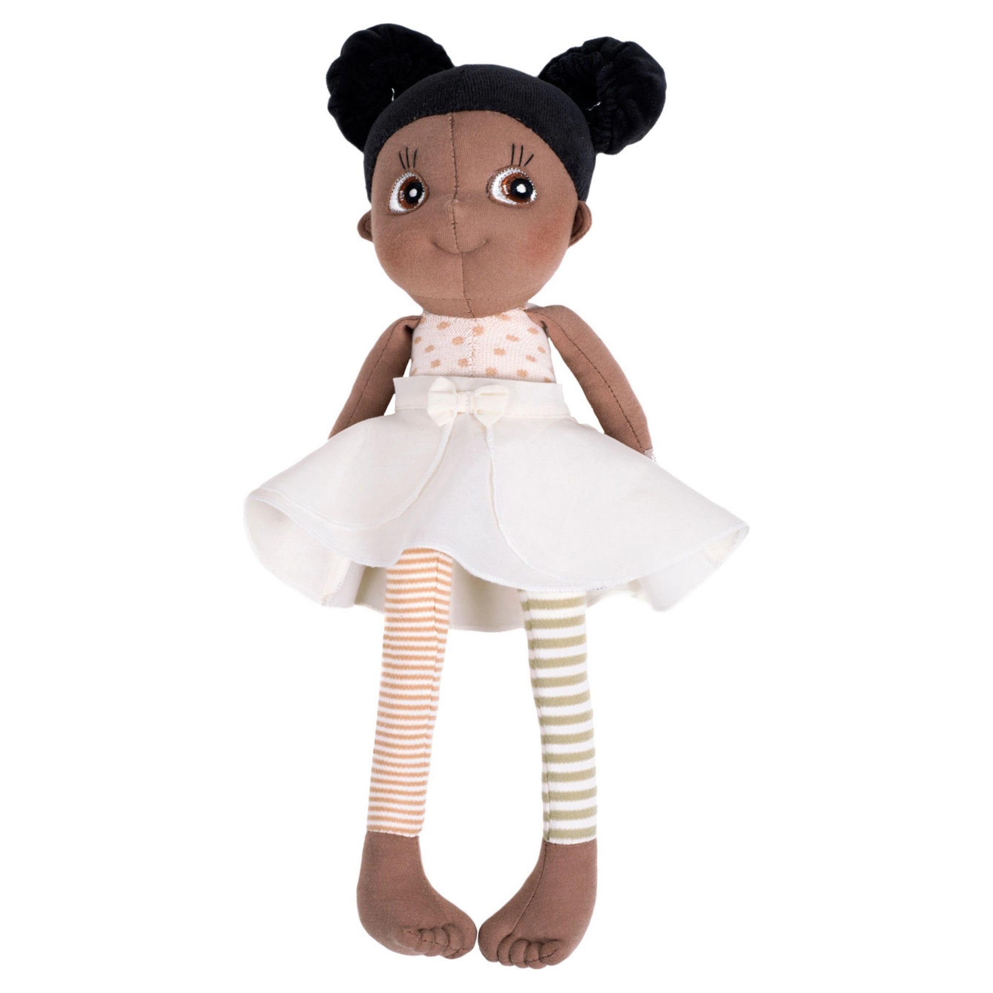 Rubens EcoBuds doll Poppy with dark hair buns, dotted top and white skirt with bow