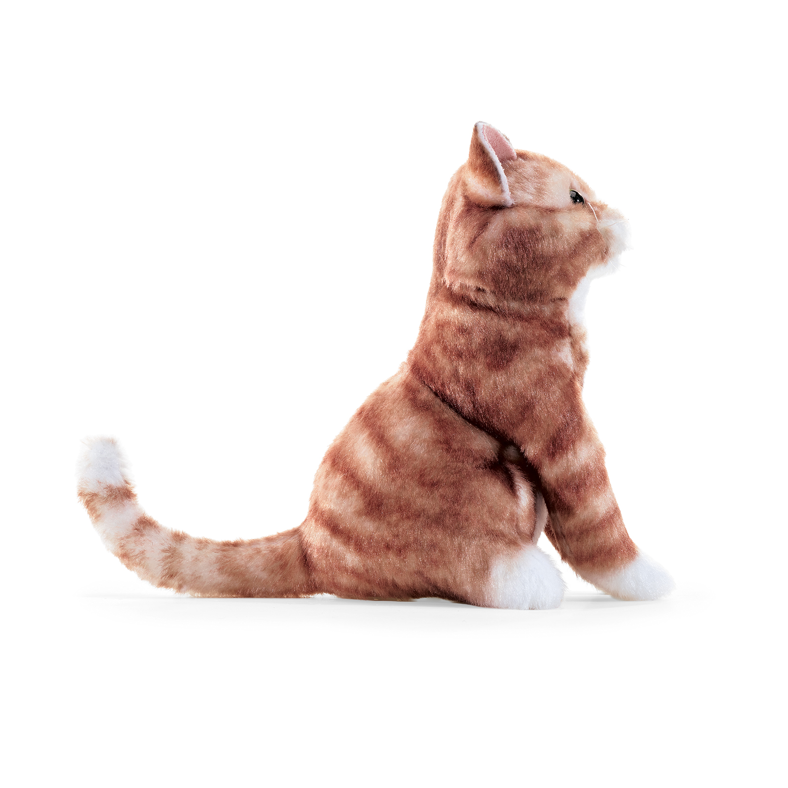 Folkmanis finger puppet mini orange tabby kitten sitting with head raised, side view, white paws and striped fur