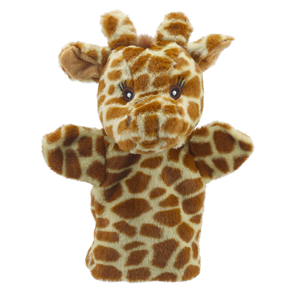 The Puppet Company baby hand puppet giraffe, spotted giraffe with small horns and long eyelashes