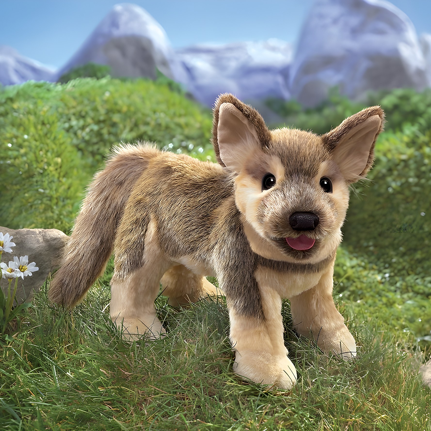 Folkmanis hand puppet German Shepherd puppy with beige-brown fur, tongue sticking out and pointed ears, standing in side view