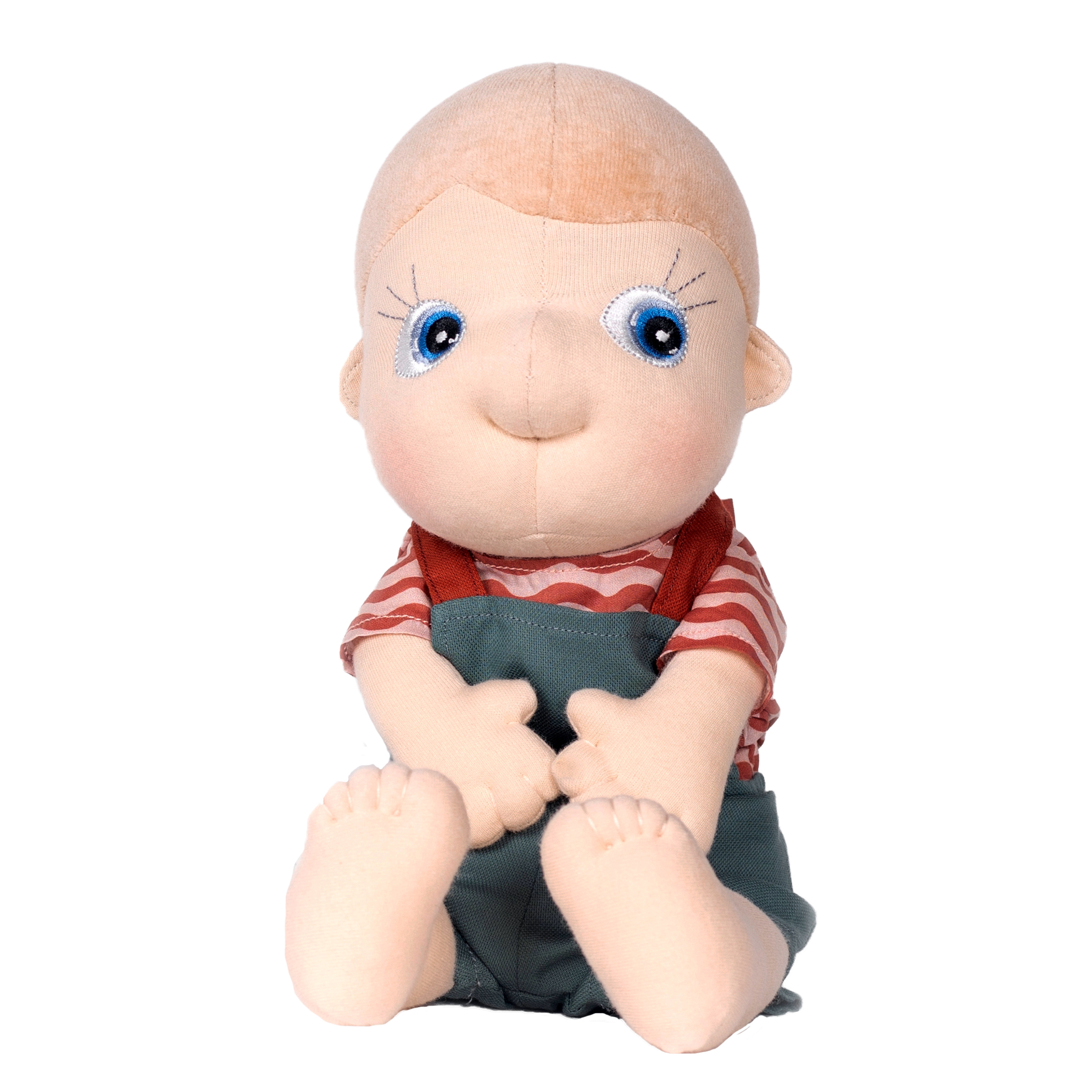 Rubens Tummies doll Celsius with red striped shirt and green dungarees, with warming cushion